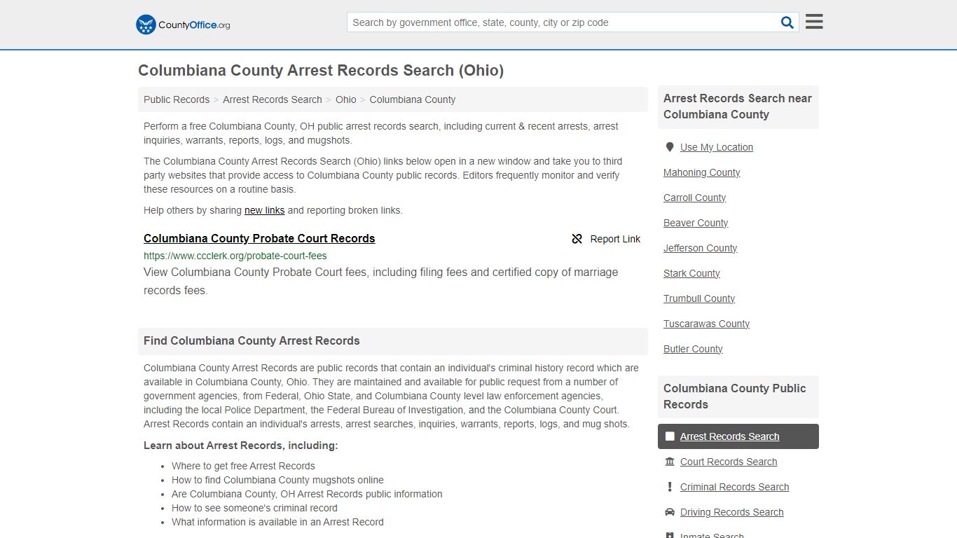 Columbiana County Arrest Records Search (Ohio) - County Office